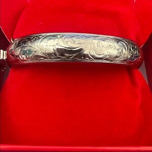 Engraved Silver-Tone Hinged Bangle Bracelet